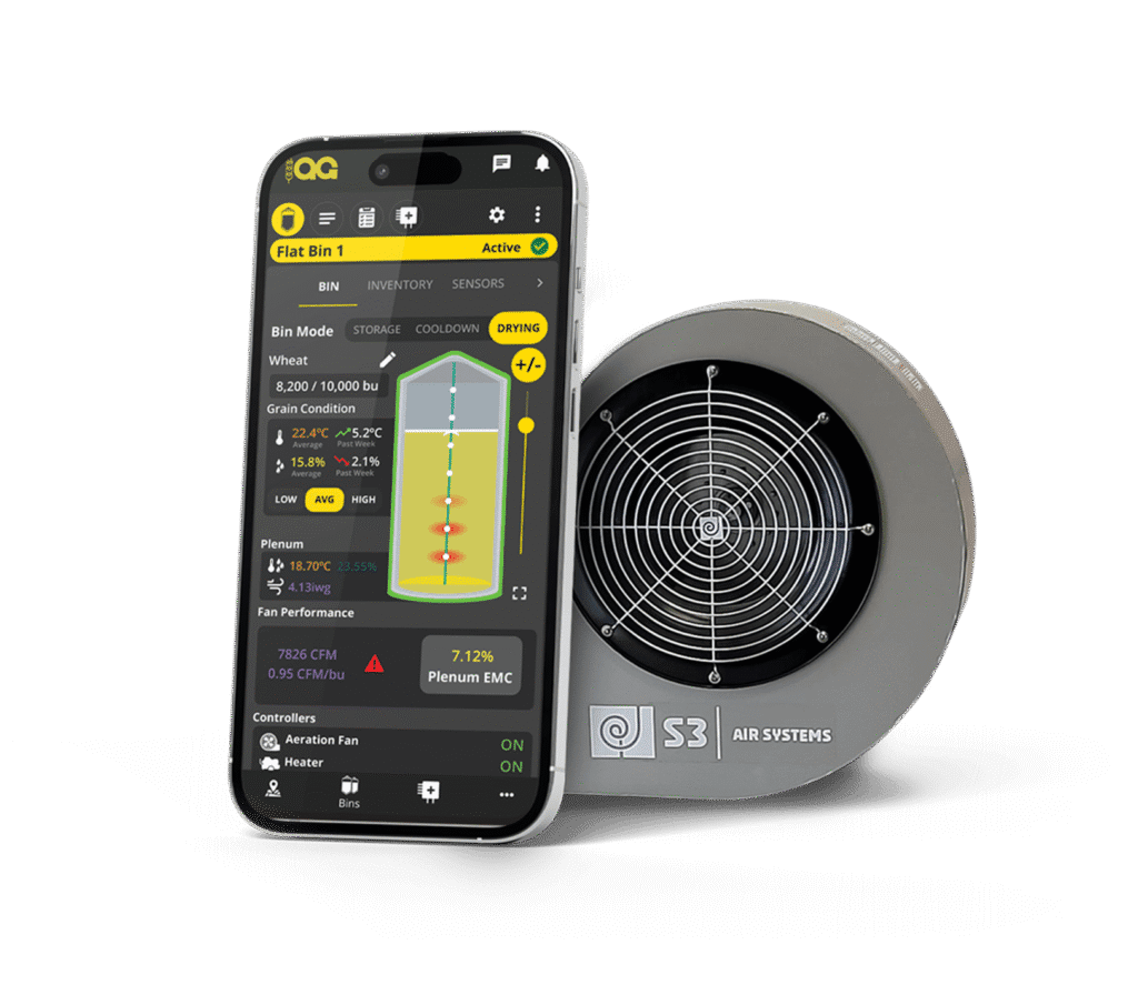 Grain bin fan control on mobile app with S3 air system fan